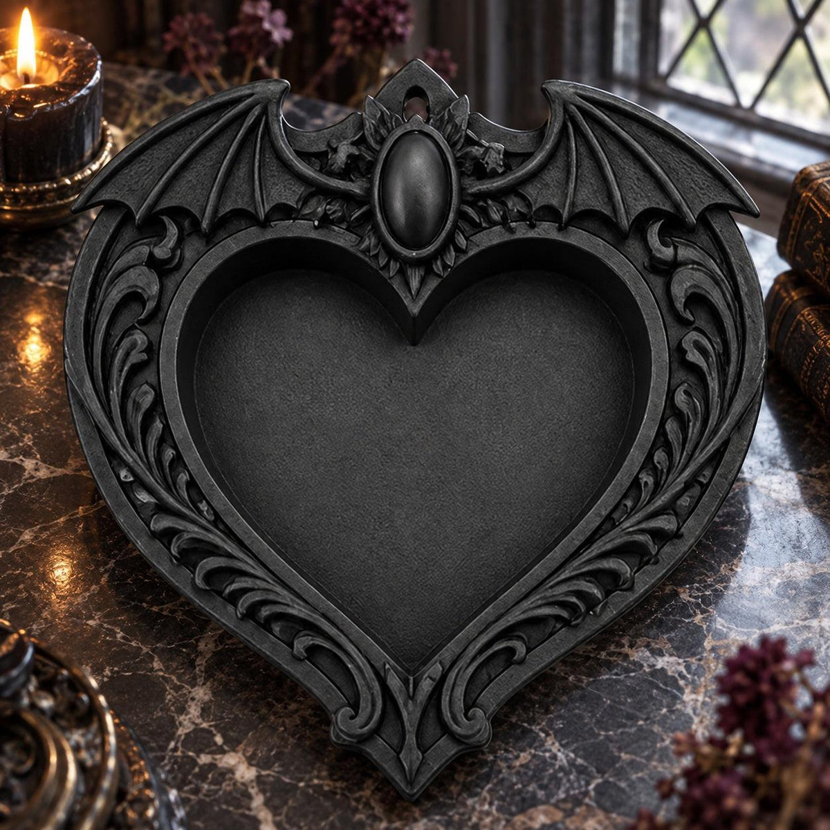 Front view showing bat wings: Gothic Bat Wing Heart Jewelry Tray, featuring a heart-shaped center, outstretched bat wings and ornate raised scrollwork.