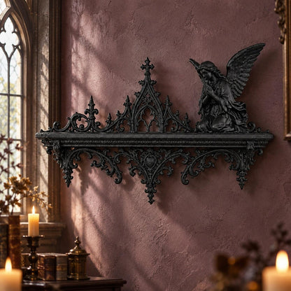 Front view of angel shelf: Gothic Cathedral Angel Wall Shelf, featuring a winged angel, pointed cathedral arches and scrolling brackets.