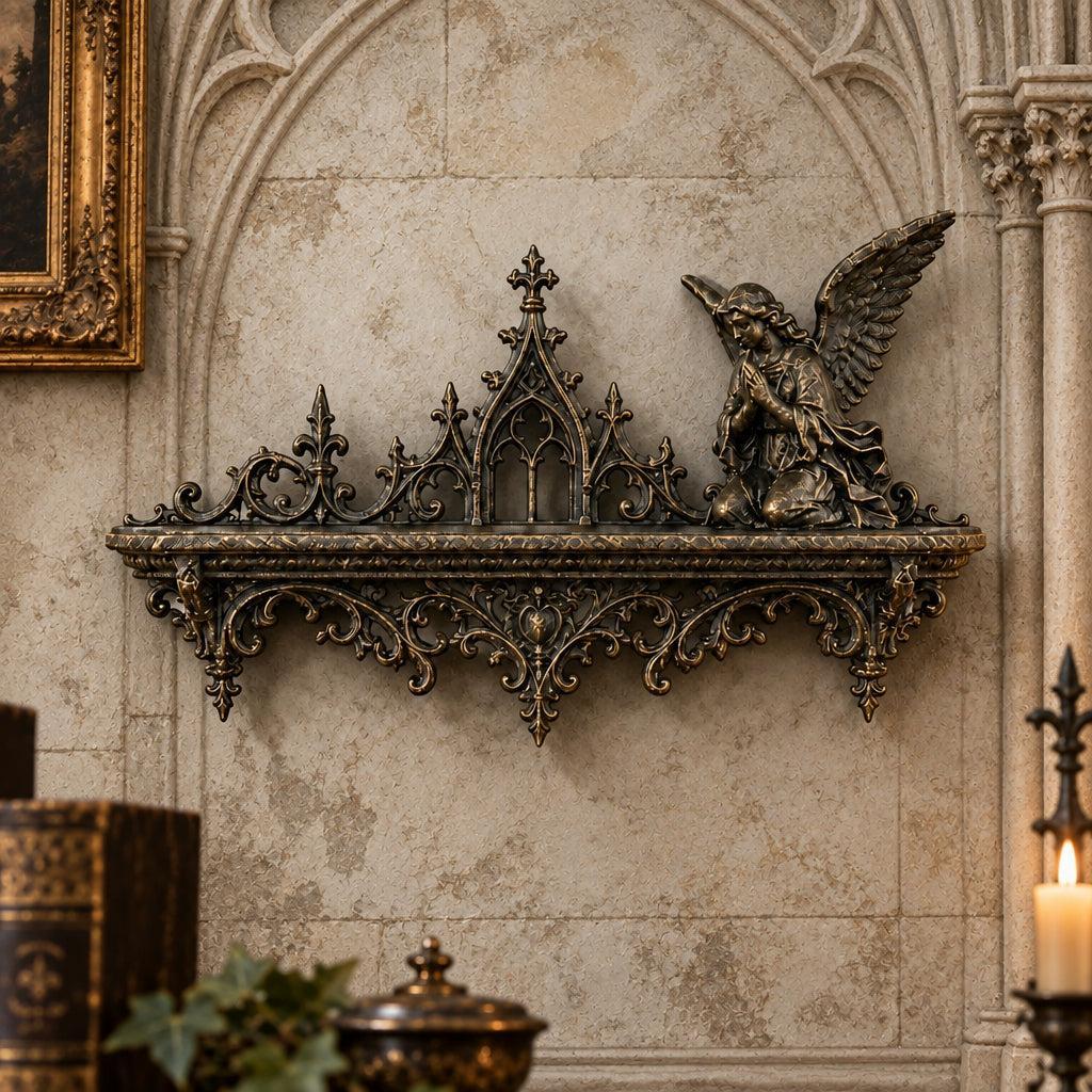 Accented shelf display: Gothic Cathedral Angel Wall Shelf, featuring a winged angel, pointed cathedral arches and scrolling brackets.