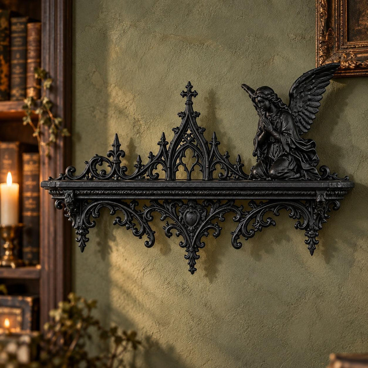 Dark angel shelf measurement diagram: Gothic Cathedral Angel Wall Shelf, featuring a winged angel, pointed cathedral arches and scrolling brackets.