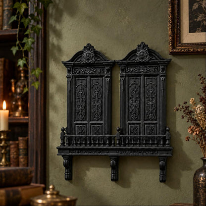 Display with books and decorative objects: Gothic Cathedral Double Door Wall Shelf, featuring paired cathedral-style doors, balcony railing and ornamental brackets.