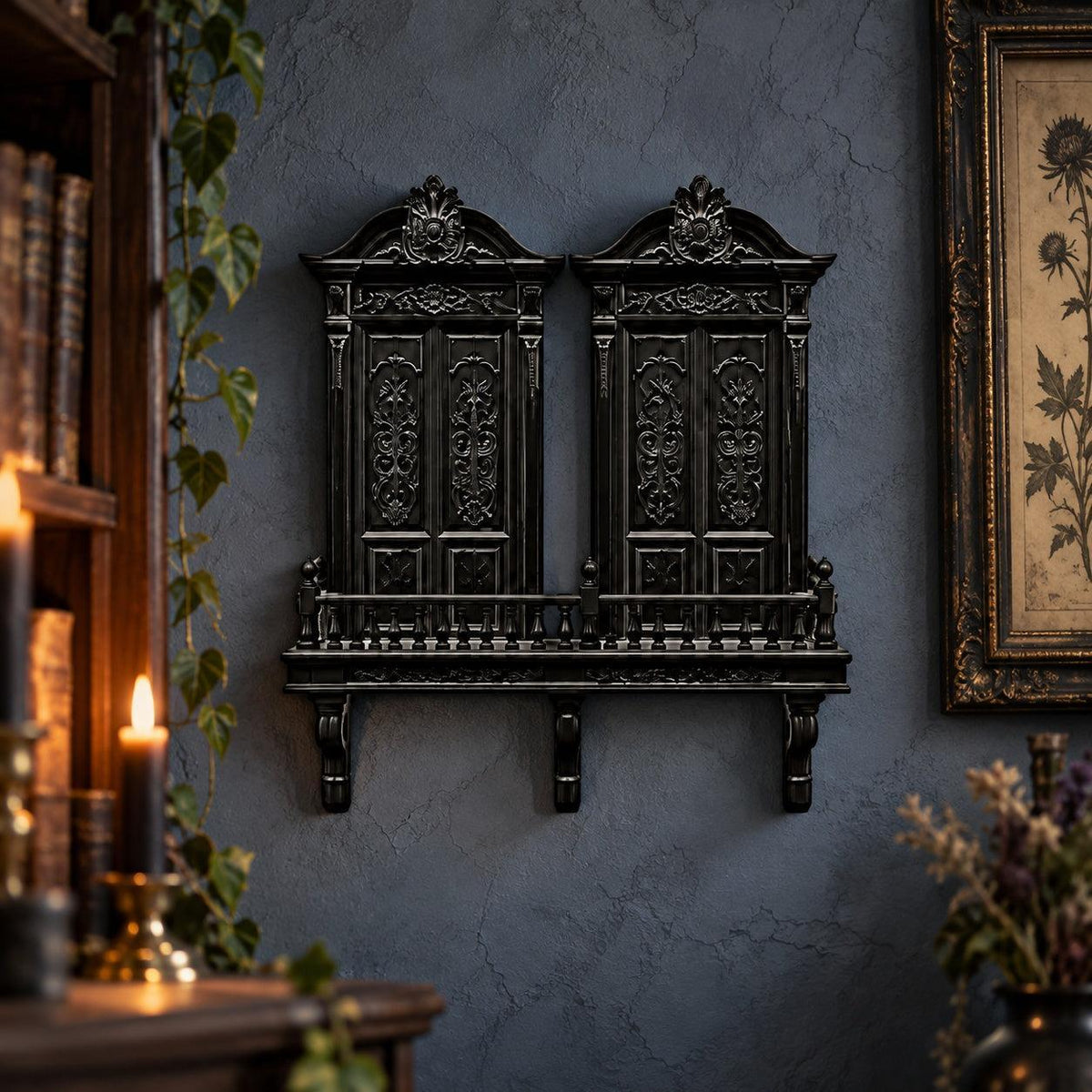 Front view of paired doors and balcony: Gothic Cathedral Double Door Wall Shelf, featuring paired cathedral-style doors, balcony railing and ornamental brackets.