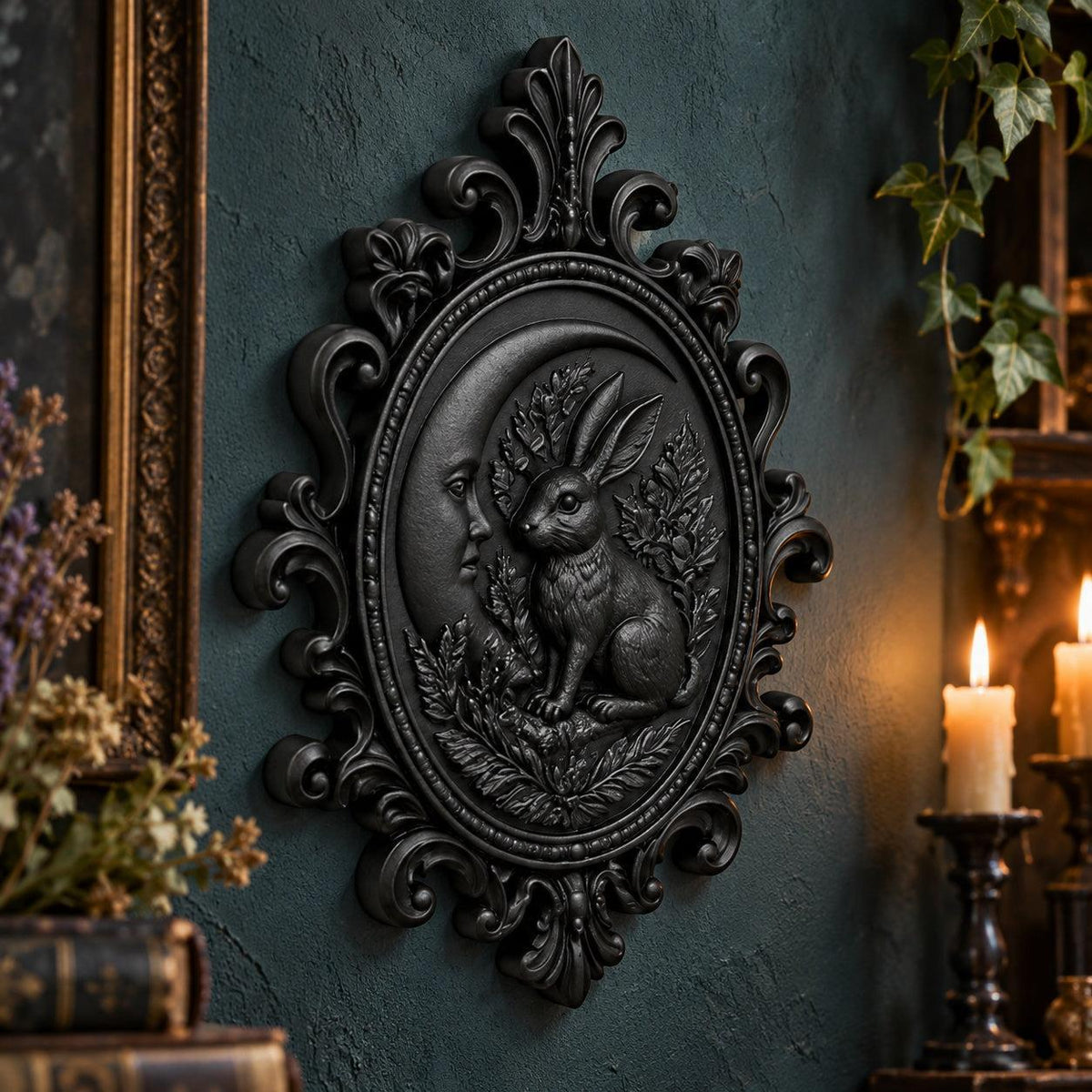 Front view of hare relief: Gothic Crescent Moon Hare Wall Plaque, featuring a woodland hare, crescent moon, botanical relief and an ornate oval frame.