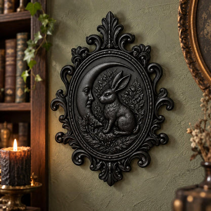 Angled view of oval frame: Gothic Crescent Moon Hare Wall Plaque, featuring a woodland hare, crescent moon, botanical relief and an ornate oval frame.