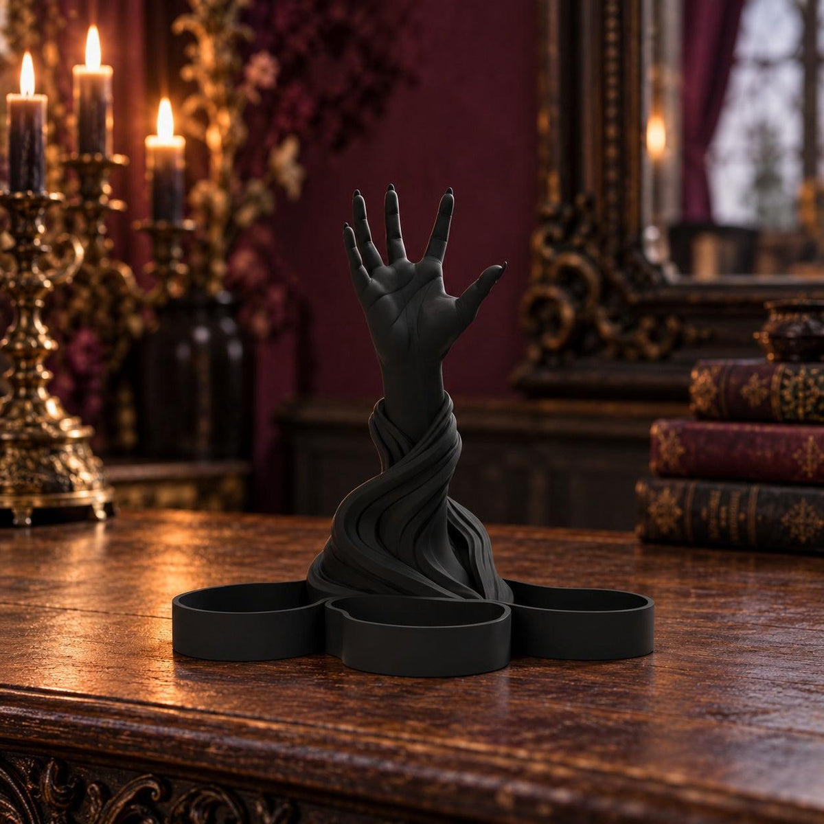 Gothic Hand Sculpture Jewelry Holder in a realistic witchy room, detailed front view with natural shadows.