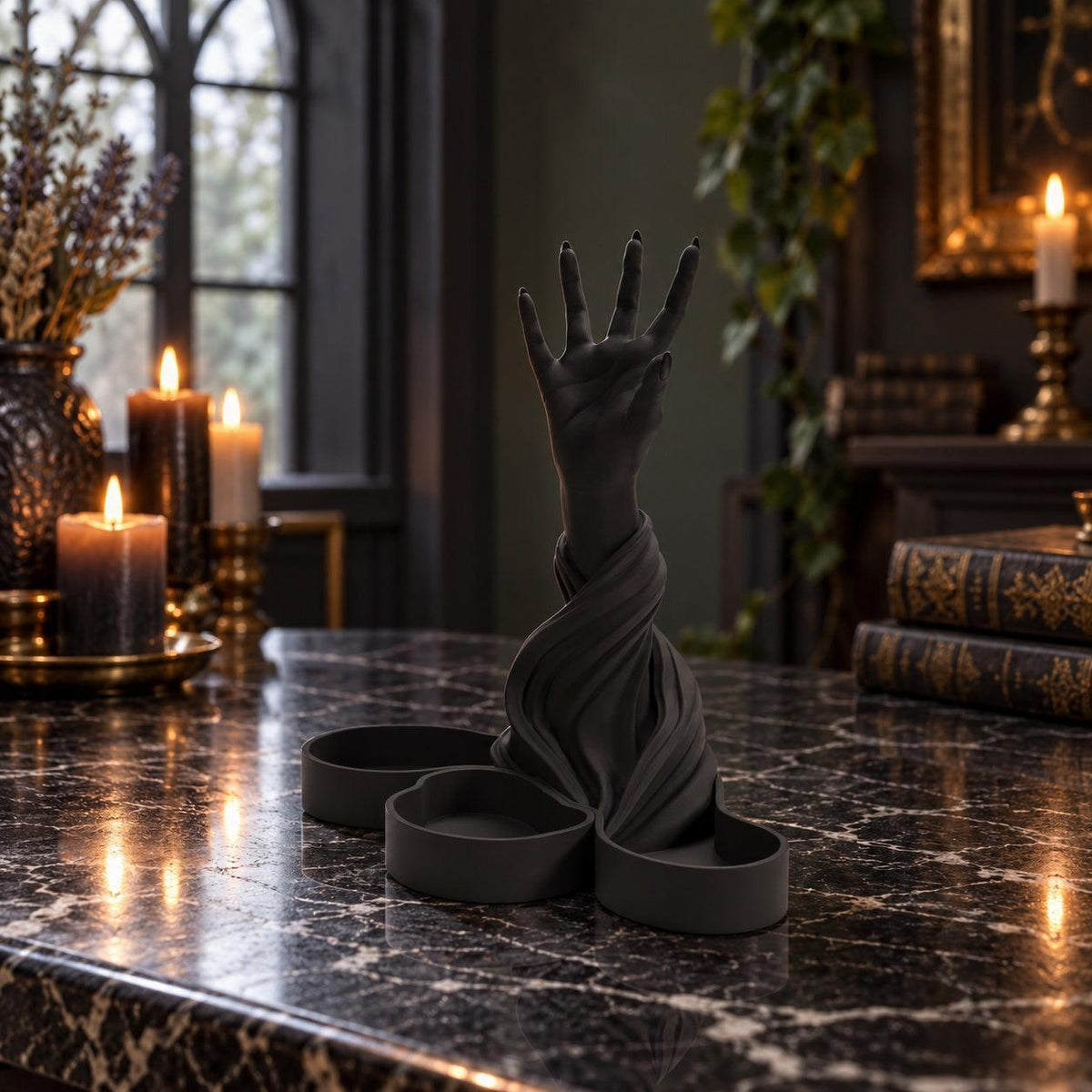 Gothic Hand Sculpture Jewelry Holder in a realistic witchy room, detailed angled view with natural shadows.