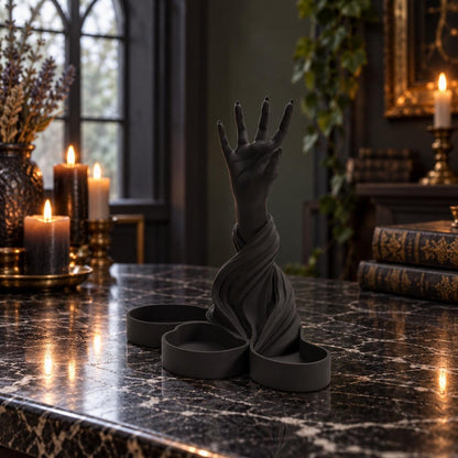 Gothic Hand Sculpture Jewelry Holder in a realistic witchy room, detailed angled view with natural shadows.