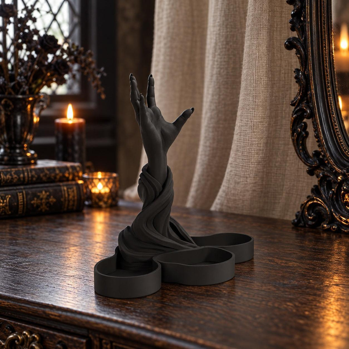 Gothic Hand Sculpture Jewelry Holder in a realistic witchy room, detailed angled view with natural shadows.