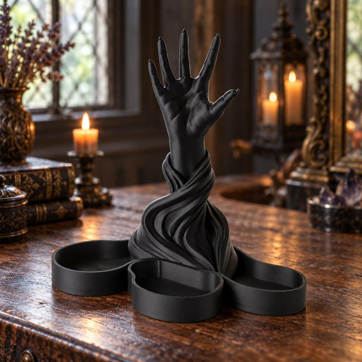 Gothic Hand Sculpture Jewelry Holder in a realistic witchy room, detailed front view with natural shadows.