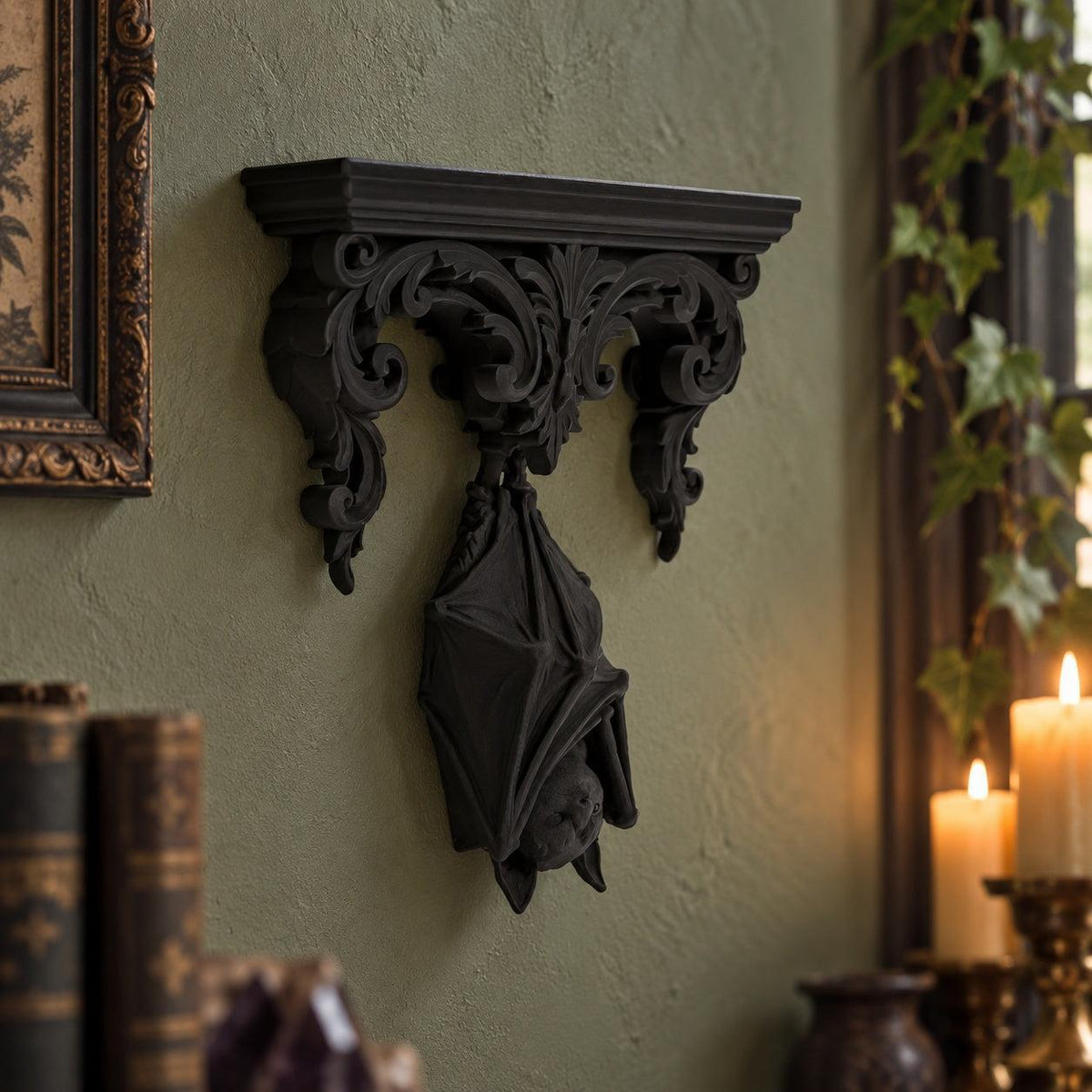 Gothic Hanging Bat Wall Shelf in a realistic witchy room, detailed angled view with natural shadows.