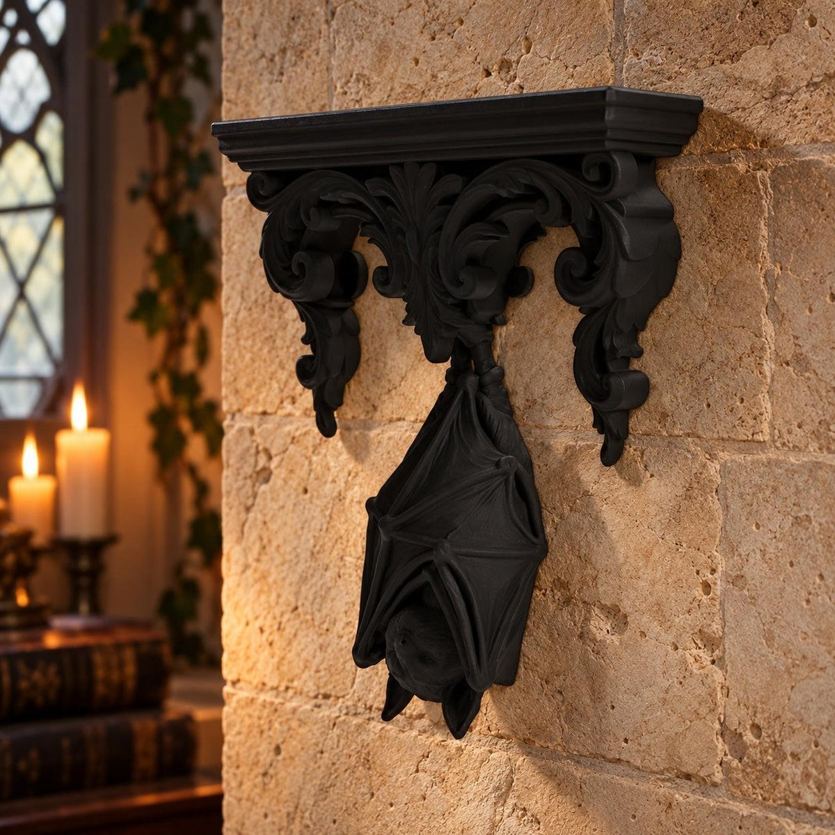 Gothic Hanging Bat Wall Shelf in a realistic witchy room, detailed angled view with natural shadows.