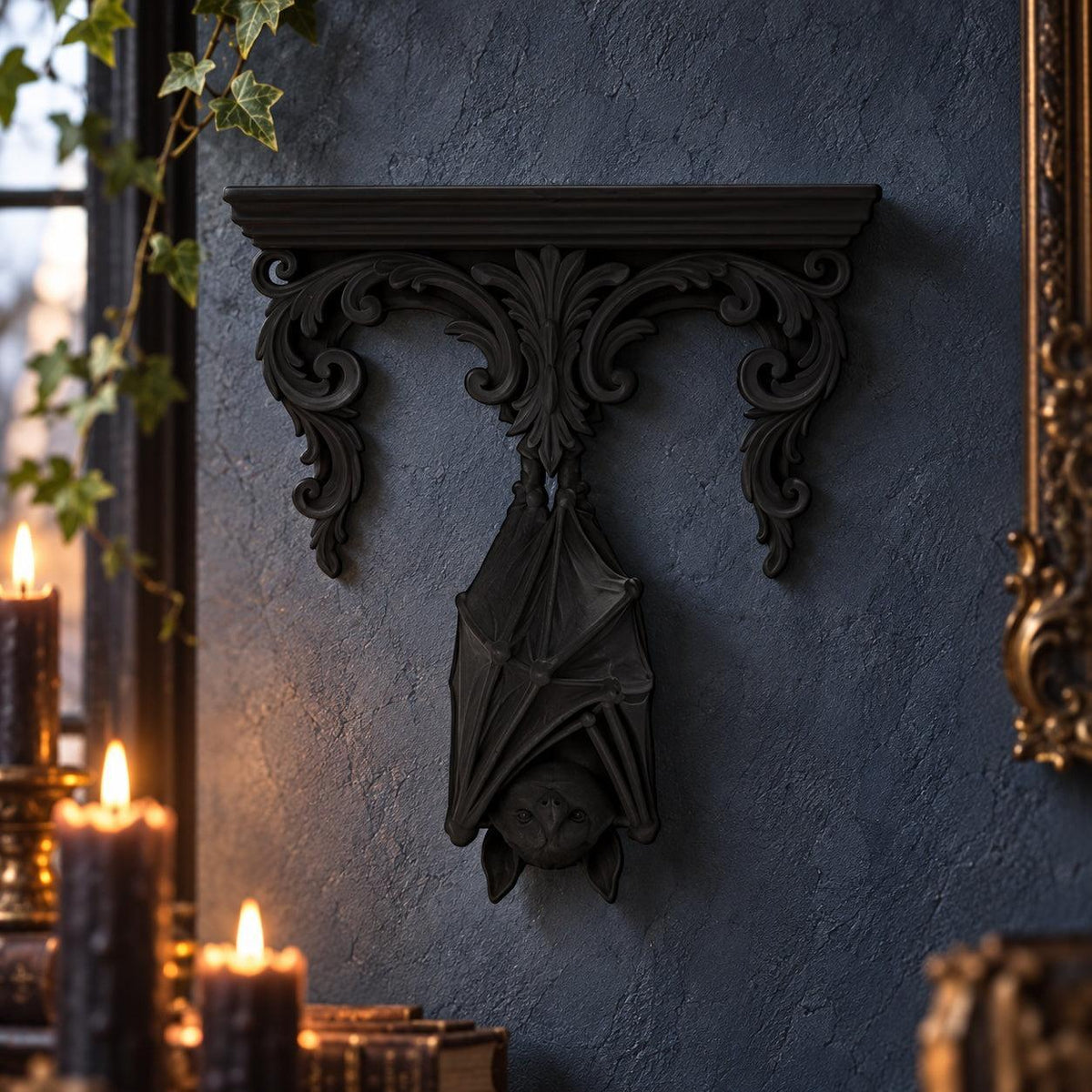 Gothic Hanging Bat Wall Shelf in a realistic witchy room, detailed front view with natural shadows.