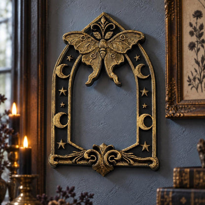 Angled view of moth and arch: Gothic Luna Moth Moon Wall Hanging, featuring a luna moth above an open Gothic arch, with crescent moons and stars.