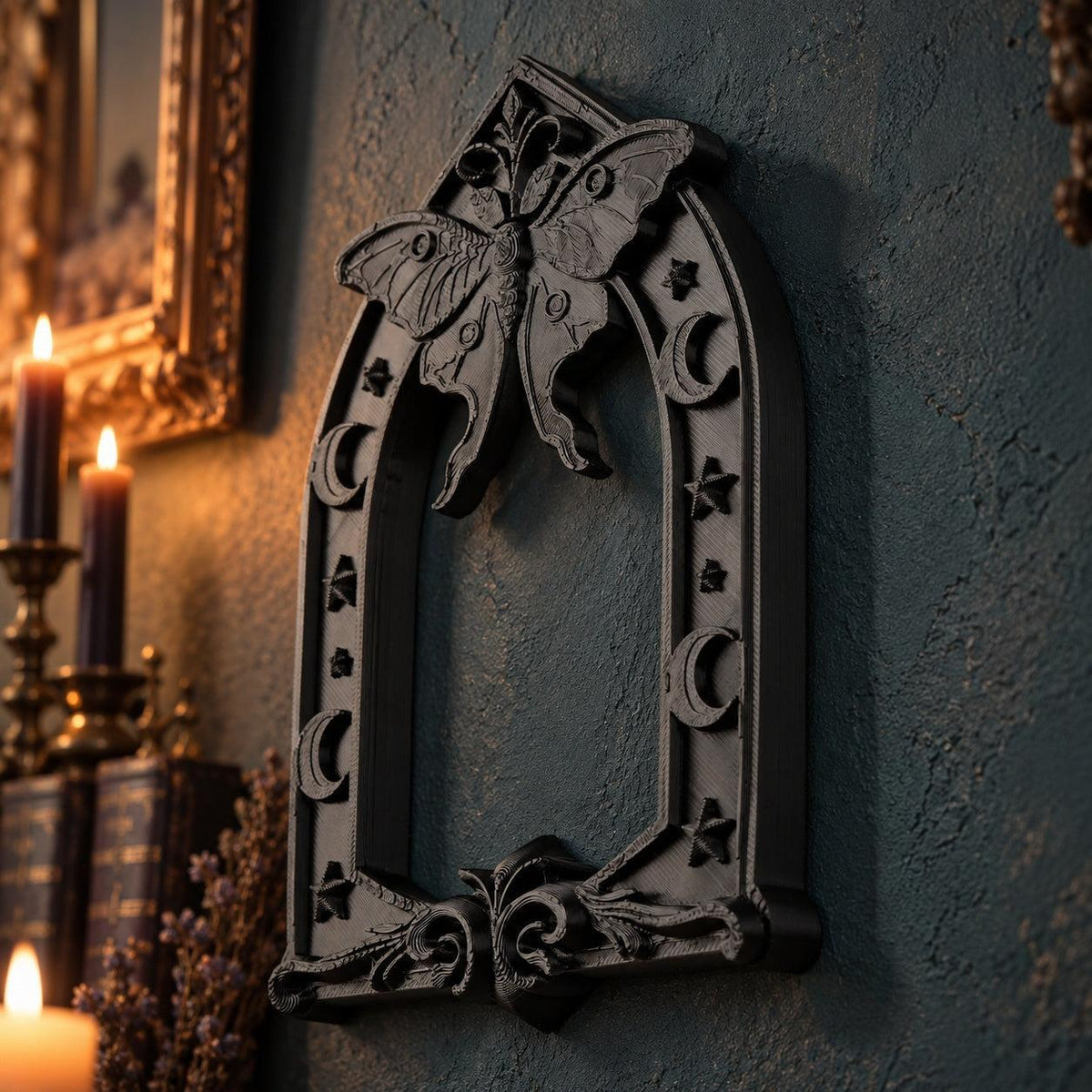 Front view of open moth arch: Gothic Luna Moth Moon Wall Hanging, featuring a luna moth above an open Gothic arch, with crescent moons and stars.