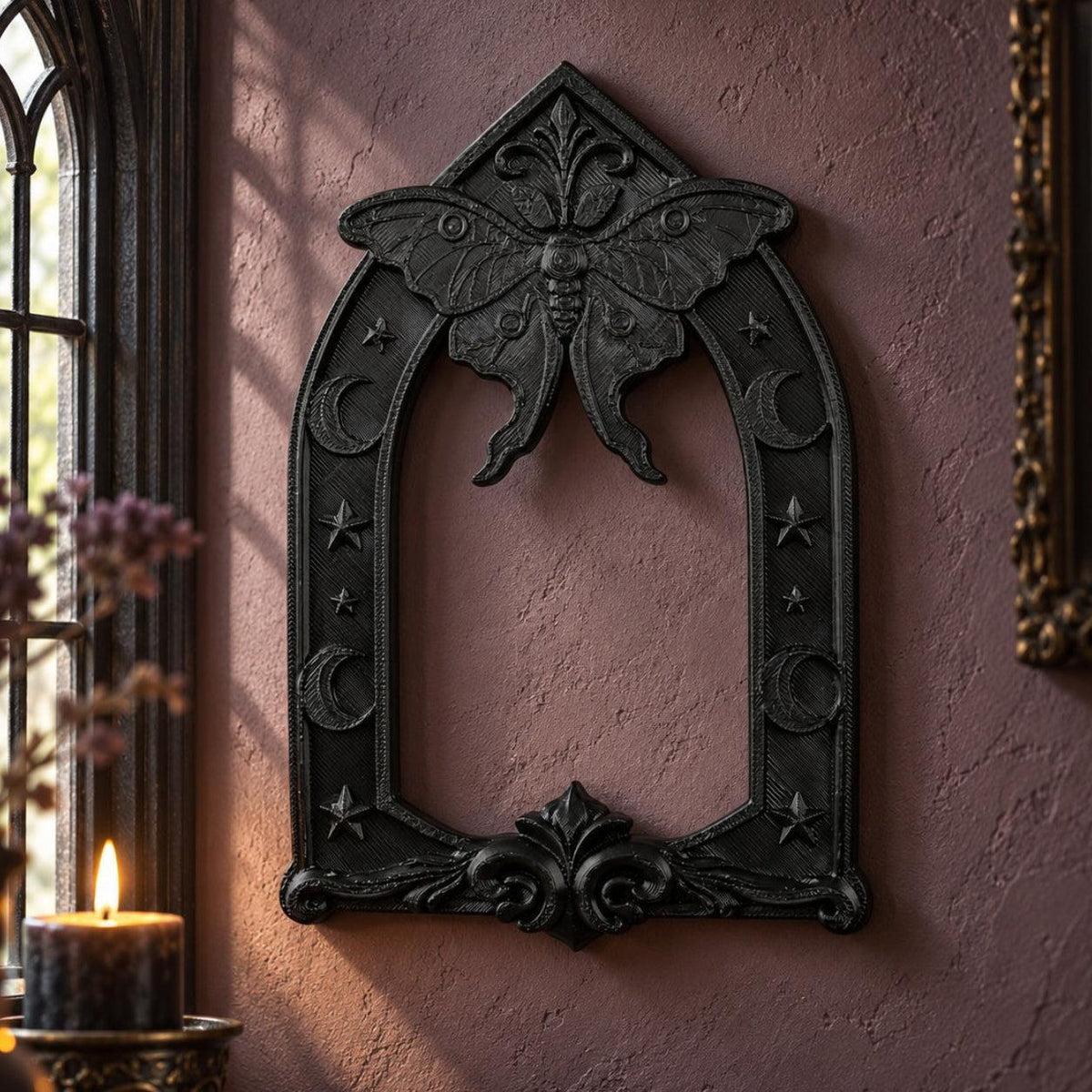 Dark-finish ornament measurement diagram: Gothic Luna Moth Moon Wall Hanging, featuring a luna moth above an open Gothic arch, with crescent moons and stars.