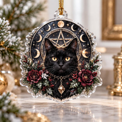 Gothic Pentacle Acrylic Ornament Set – Witchy Christmas Tree Decor – Black Cat Pentacle ornament