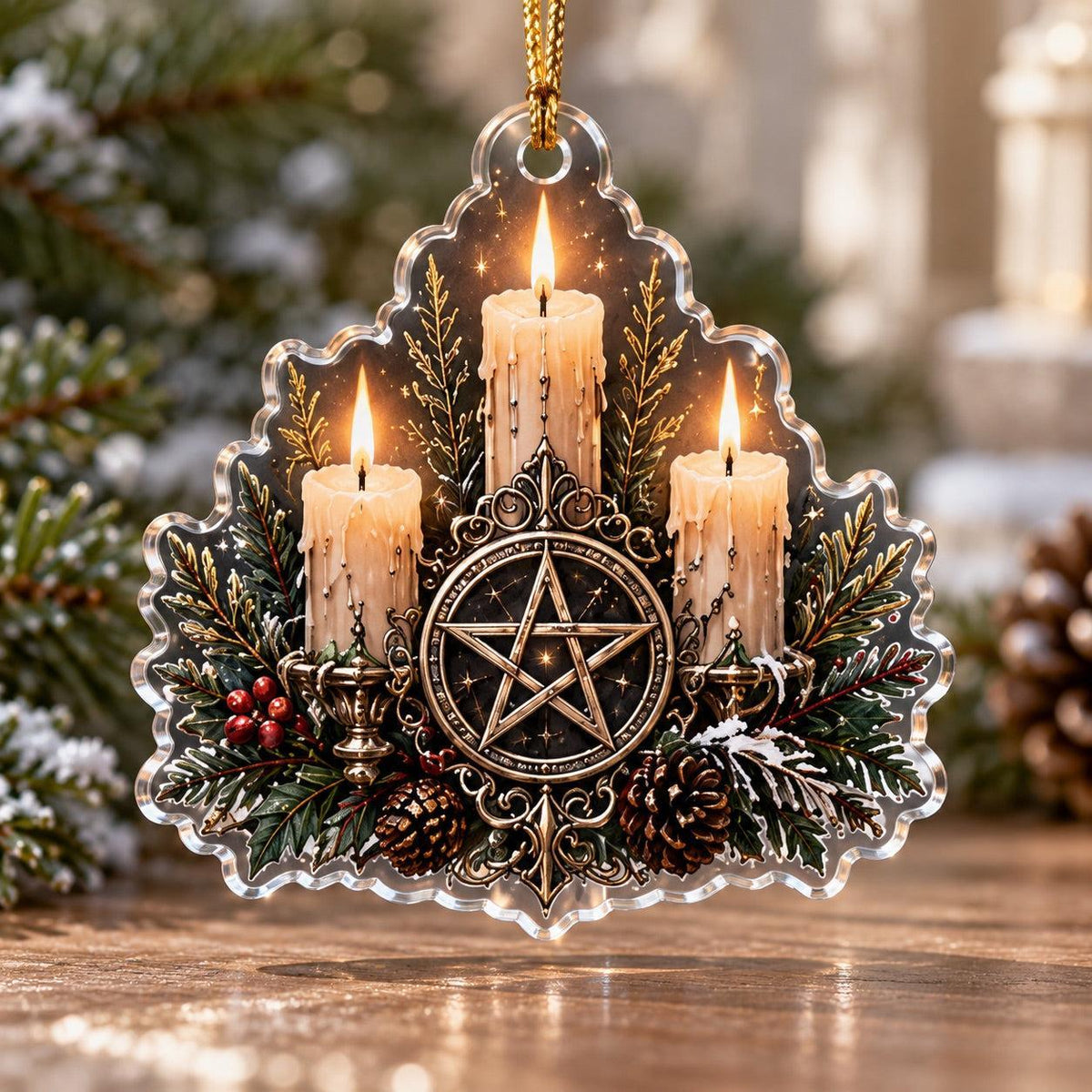 Gothic Pentacle Acrylic Ornament Set – Witchy Christmas Tree Decor – Candle Pentacle ornament