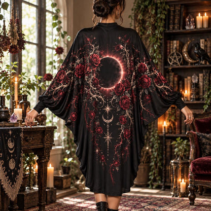 Gothic Rose Eclipse Batwing Dress – Witchy Dark Romantic Moon Midi – worn, back view