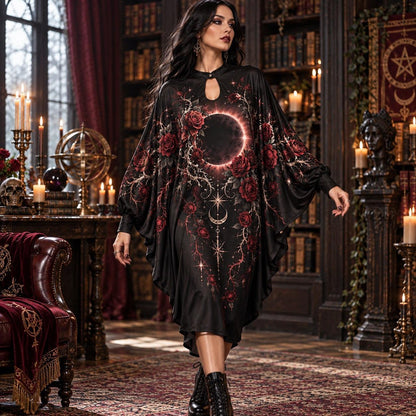 Gothic Rose Eclipse Batwing Dress – Witchy Dark Romantic Moon Midi – worn, in motion