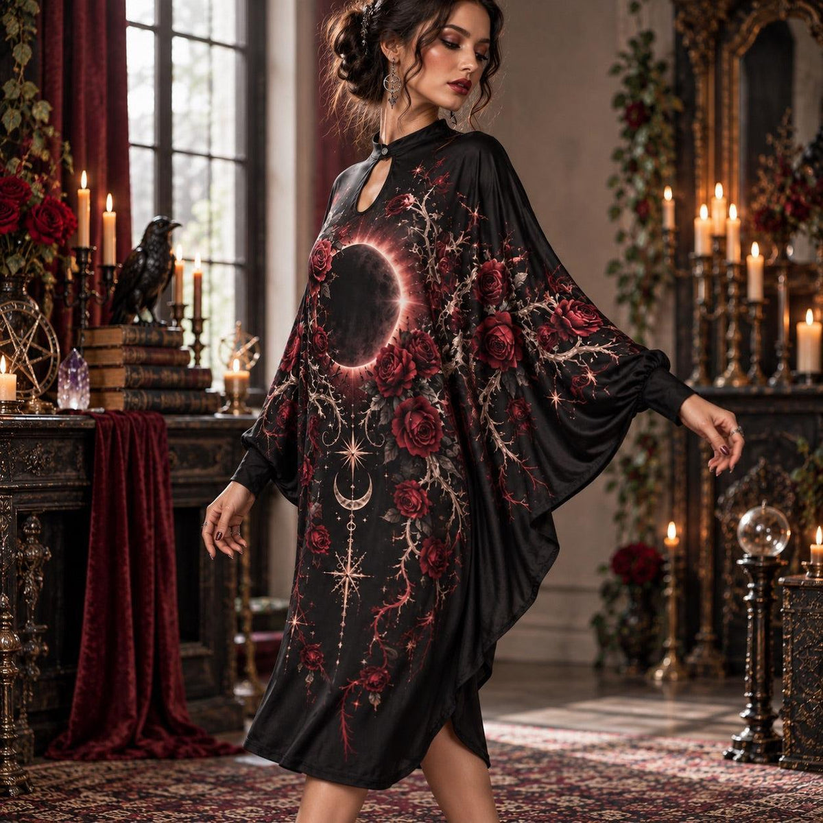 Gothic Rose Eclipse Batwing Dress – Witchy Dark Romantic Moon Midi – worn, three quarter view