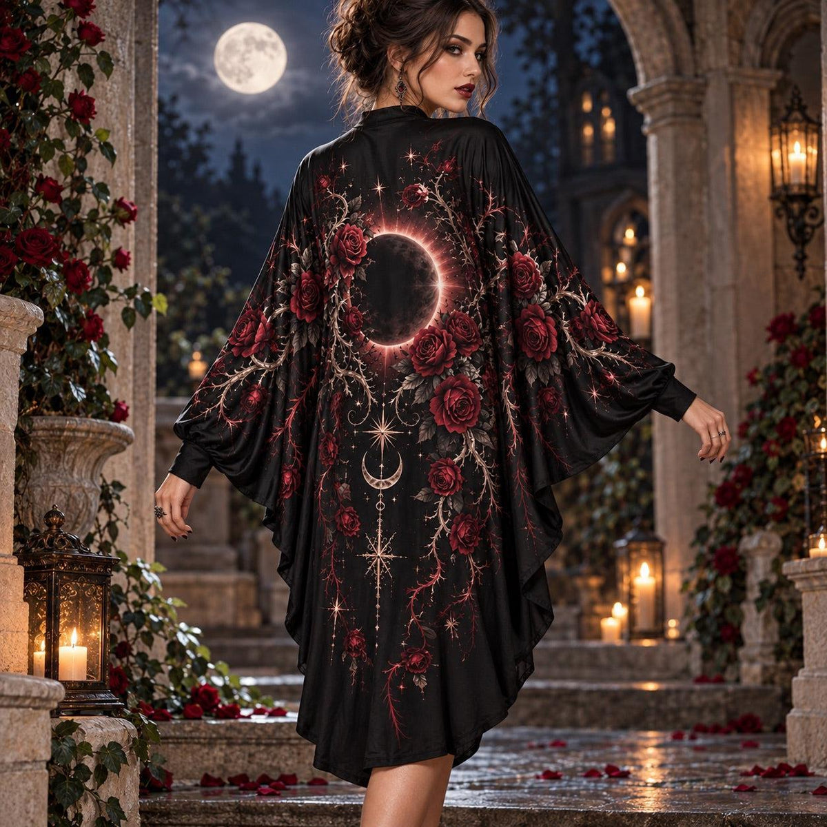 Gothic Rose Eclipse Batwing Dress – Witchy Dark Romantic Moon Midi – worn, back view