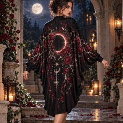 Gothic Rose Eclipse Batwing Dress – Witchy Dark Romantic Moon Midi – worn, back view