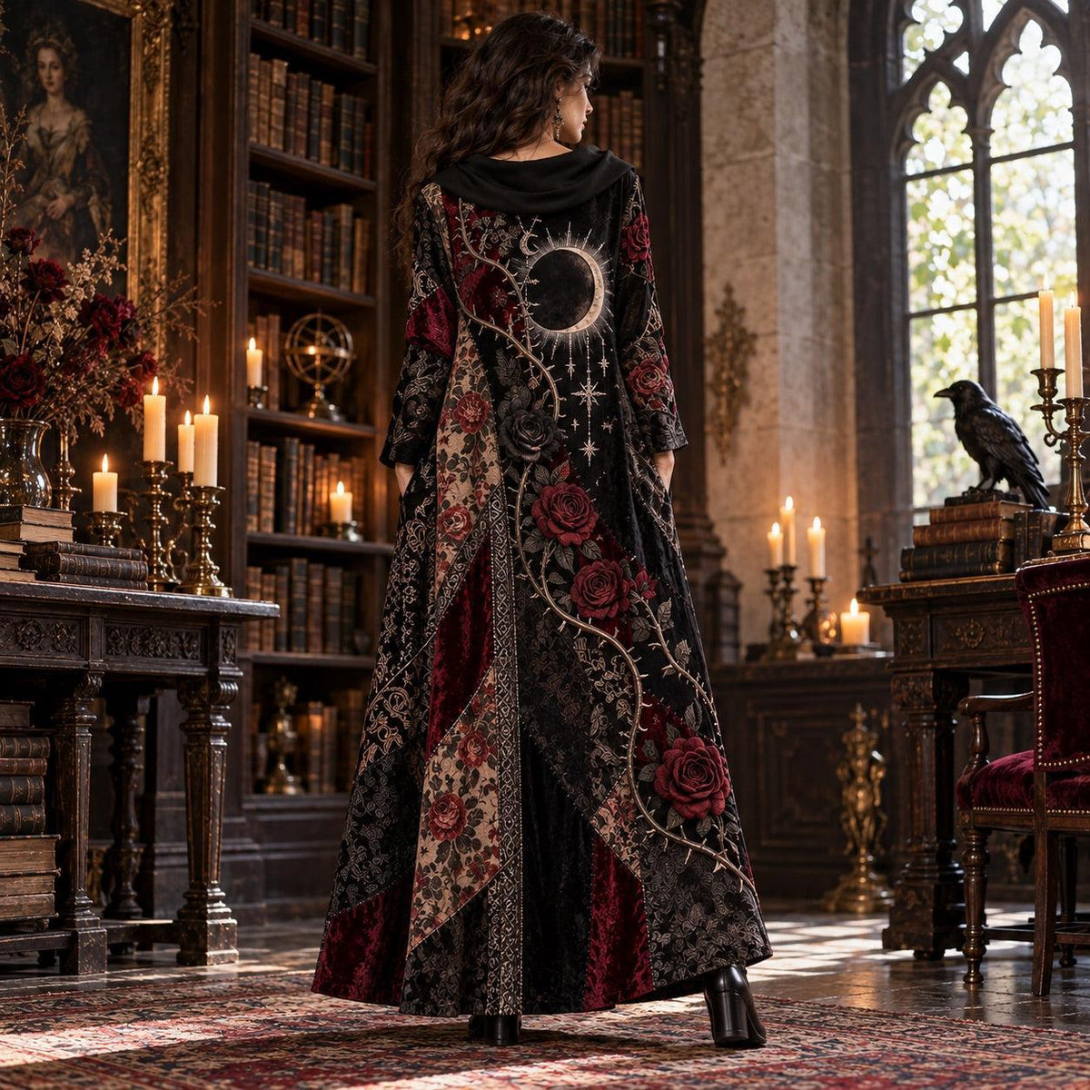 Gothic Rose Eclipse Cowl Neck Dress – Witchy Thorn Vine Maxi – worn, back view