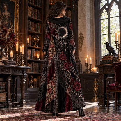 Gothic Rose Eclipse Cowl Neck Dress – Witchy Thorn Vine Maxi – worn, back view