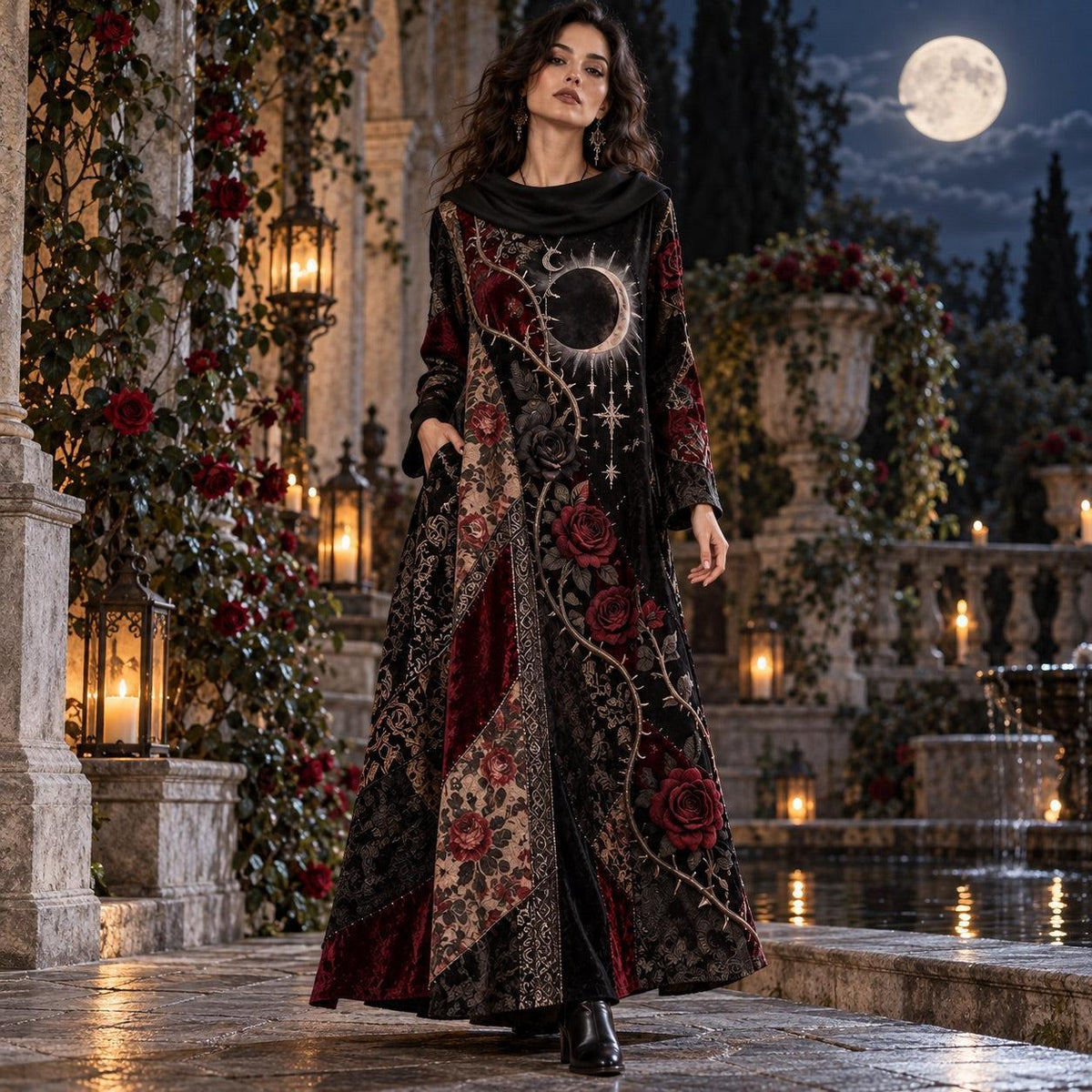 Gothic Rose Eclipse Cowl Neck Dress – Witchy Thorn Vine Maxi – worn, in motion