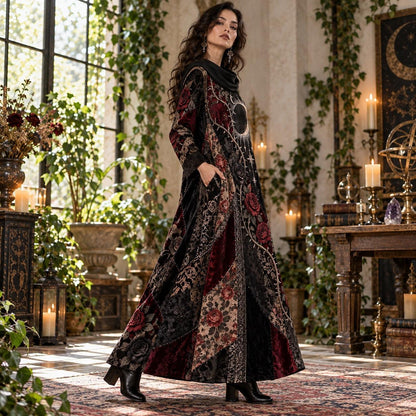 Gothic Rose Eclipse Cowl Neck Dress – Witchy Thorn Vine Maxi – worn, three quarter view