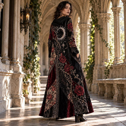 Gothic Rose Eclipse Cowl Neck Dress – Witchy Thorn Vine Maxi – worn, three quarter view