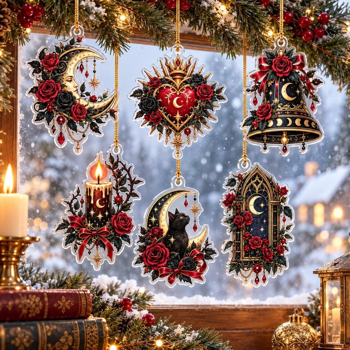 Gothic Rose Moon Christmas Acrylic Ornament Set – Dark Yule Decor – set of 6, another view