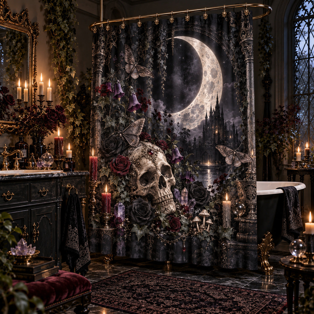 Gothic Shower Curtain - Skull Moon Moth Botanical Decor, styled shot 2