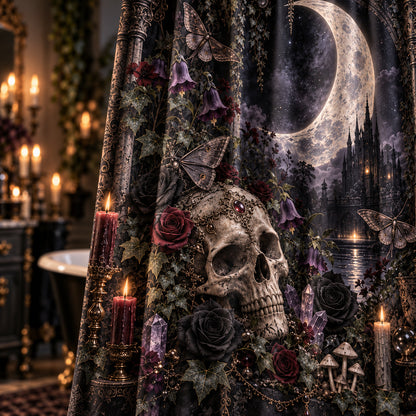 Gothic Shower Curtain - Skull Moon Moth Botanical Decor, styled shot 4