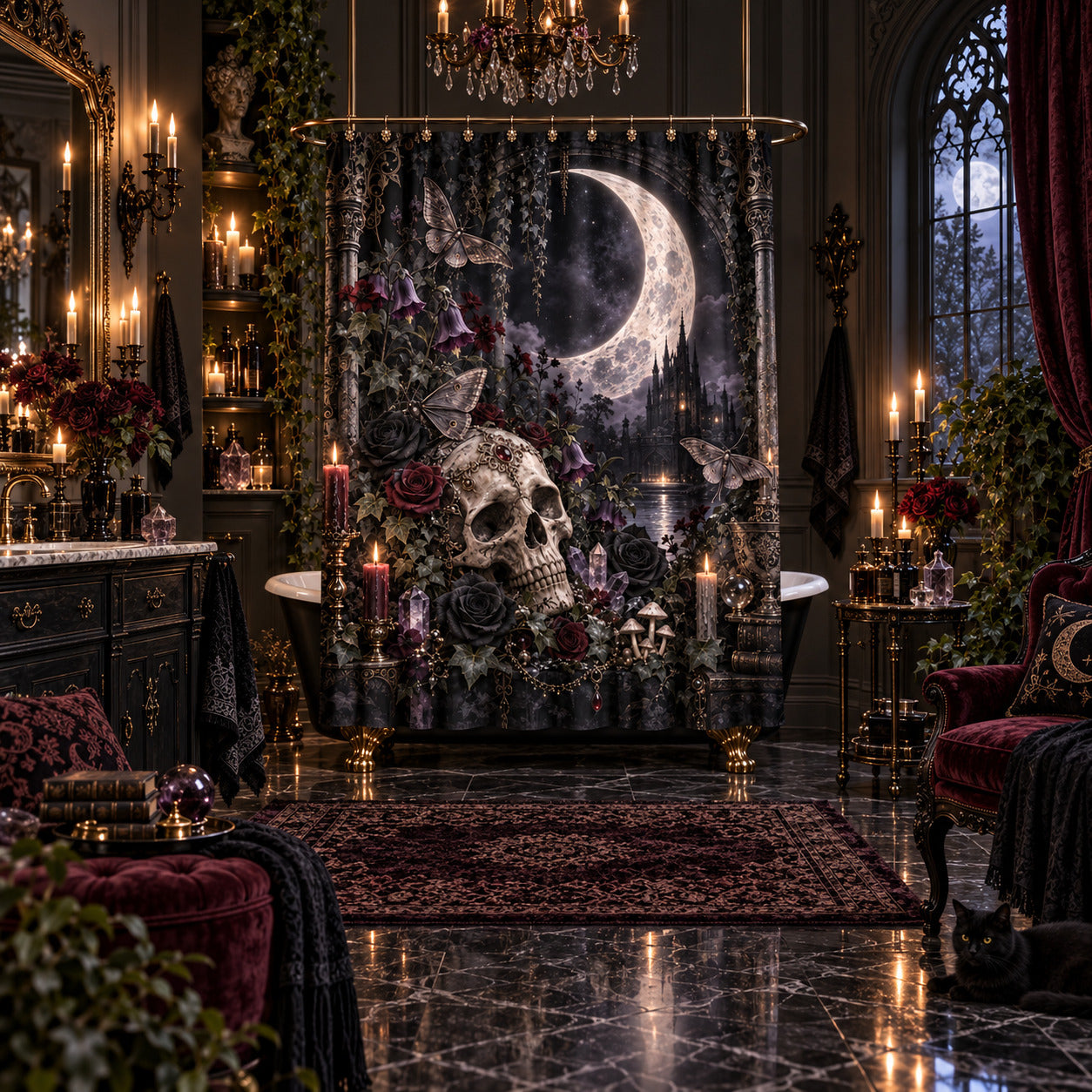 Gothic Shower Curtain - Skull Moon Moth Botanical Decor, styled shot 5