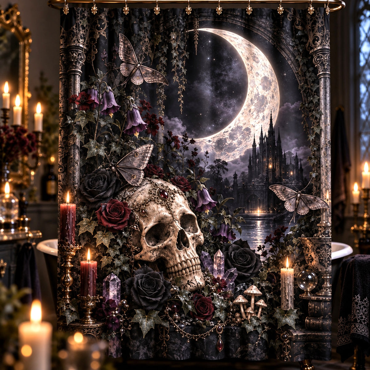 Gothic Shower Curtain - Skull Moon Moth Botanical Decor