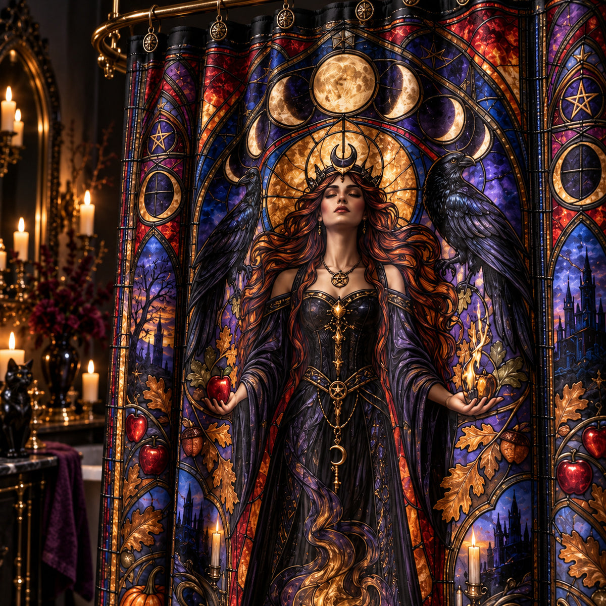 Gothic Shower Curtain - Stained Glass Witch Goddess Decor, styled shot 4
