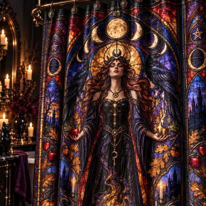Gothic Shower Curtain - Stained Glass Witch Goddess Decor, styled shot 4