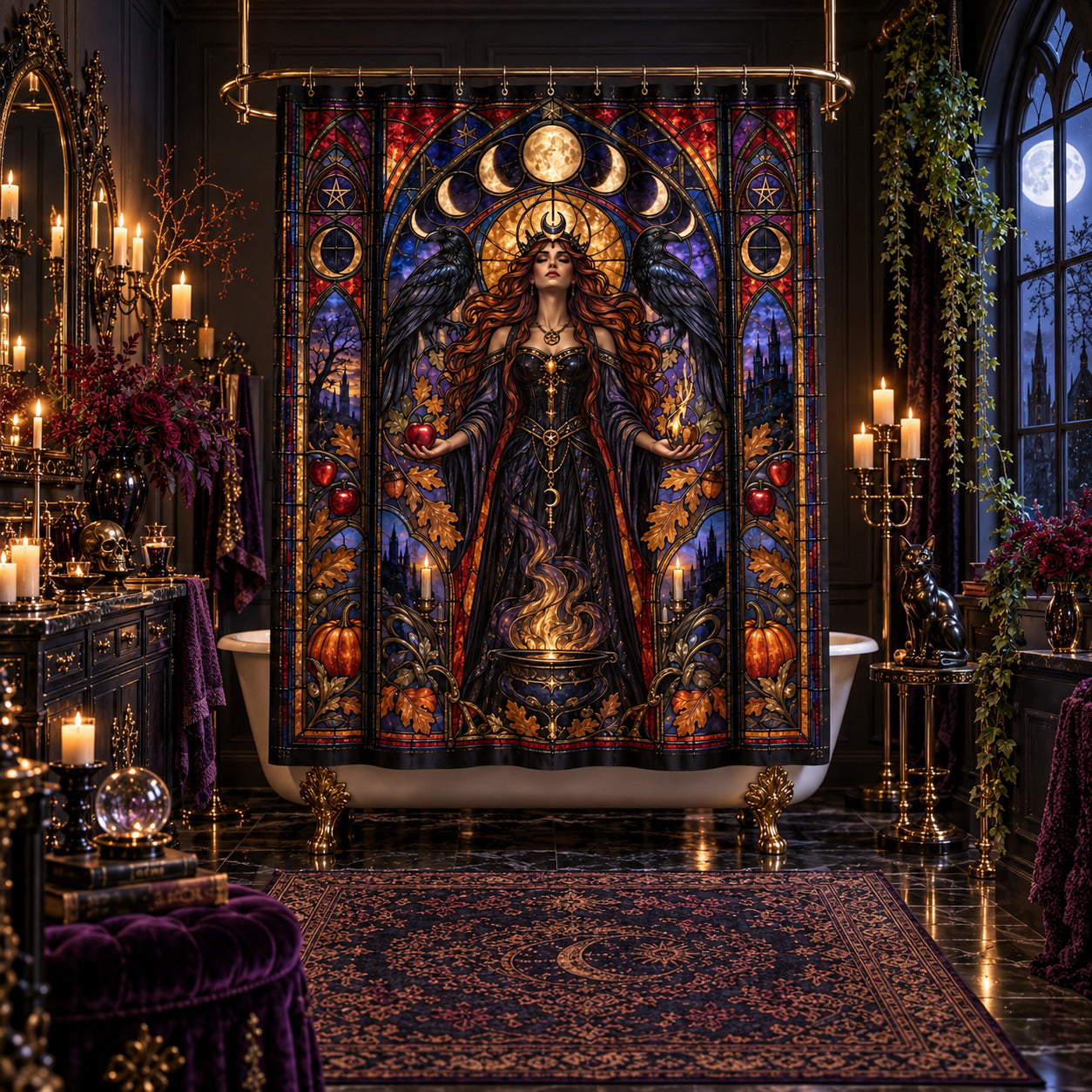 Gothic Shower Curtain - Stained Glass Witch Goddess Decor, styled shot 5
