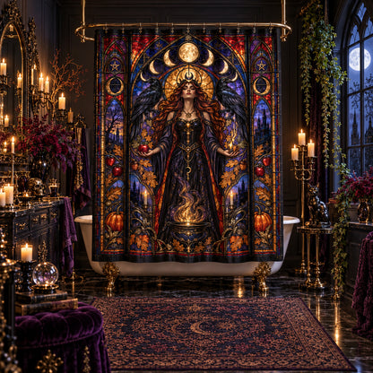 Gothic Shower Curtain - Stained Glass Witch Goddess Decor, styled shot 5