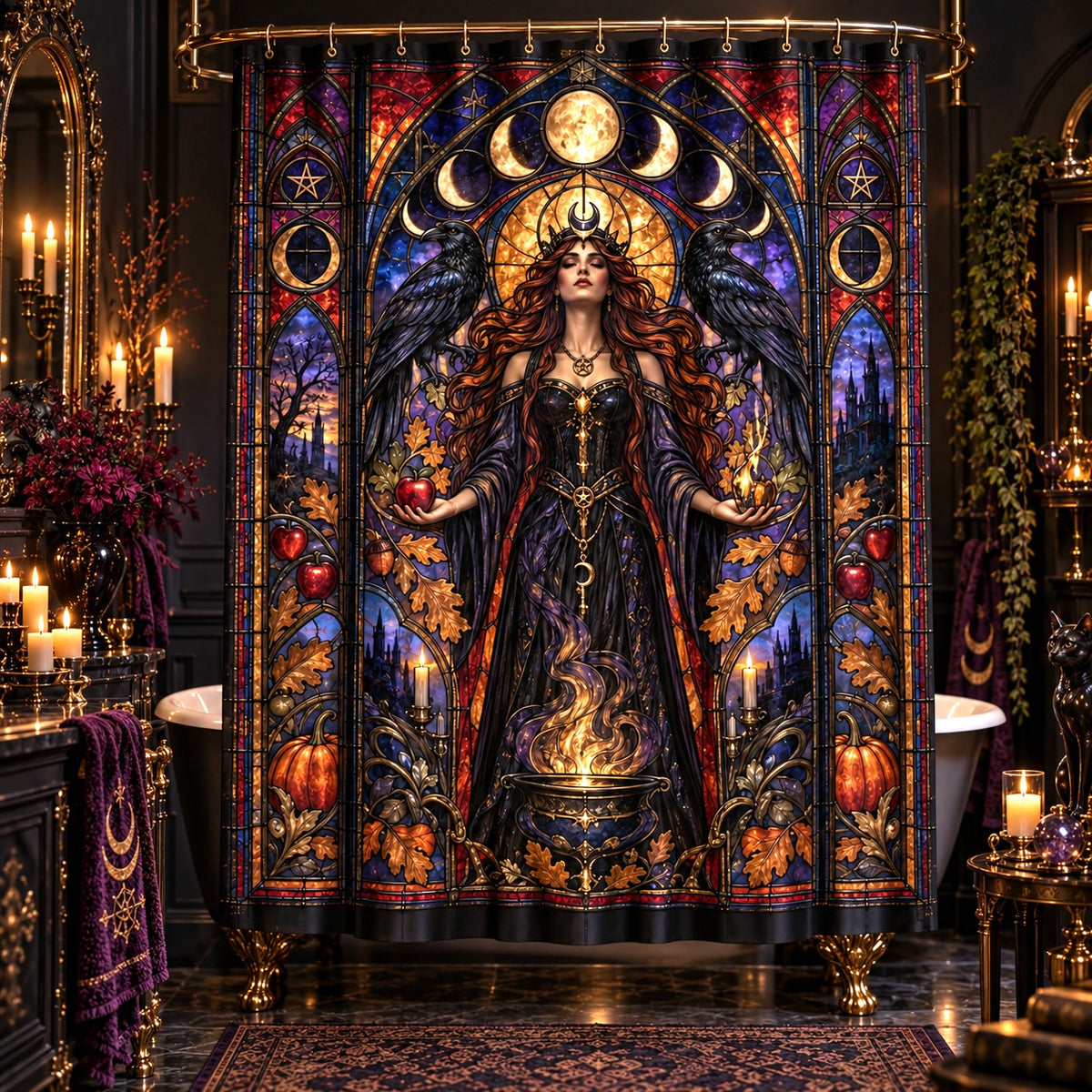 Gothic Shower Curtain - Stained Glass Witch Goddess Decor