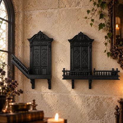 Front view of the two architectural sections: Gothic Staircase Corner Wall Shelf, featuring miniature doorways, balcony rails and a descending staircase.