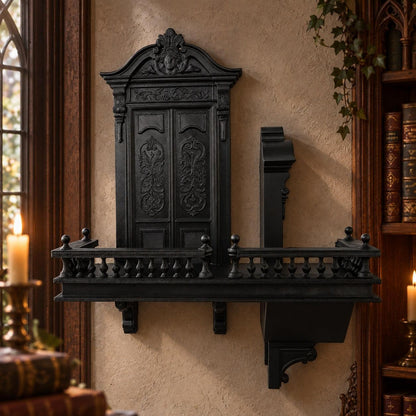 Balcony doorway detail: Gothic Staircase Corner Wall Shelf, featuring miniature doorways, balcony rails and a descending staircase.