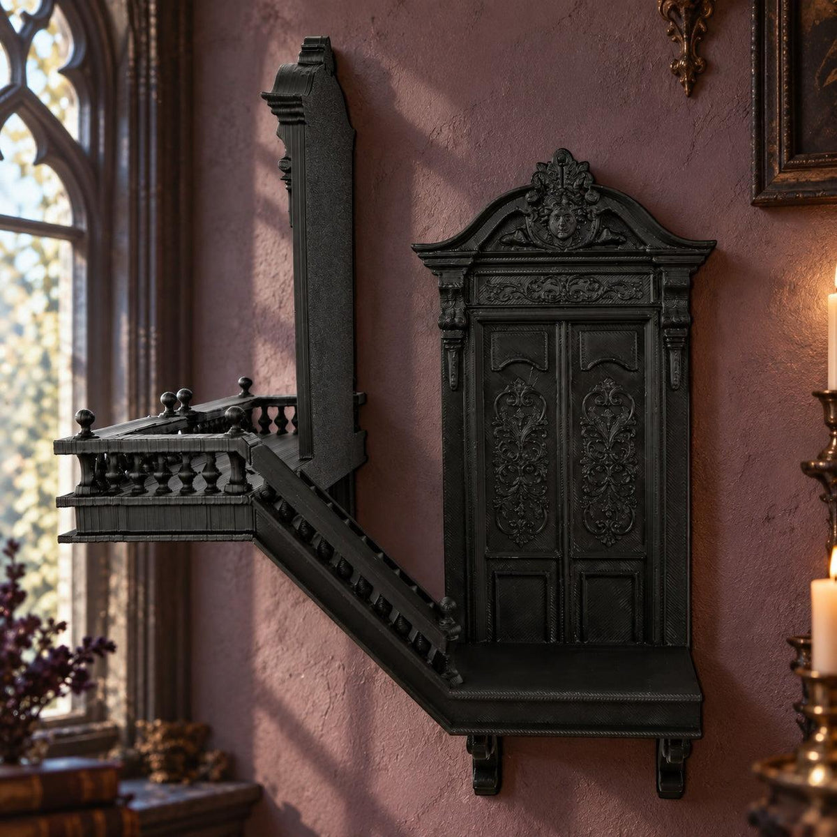 Side view of the staircase: Gothic Staircase Corner Wall Shelf, featuring miniature doorways, balcony rails and a descending staircase.