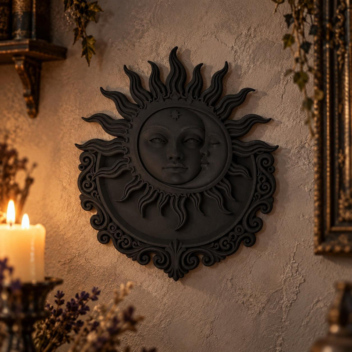 Gothic Sun Moon Face Wall Plaque displayed in a realistic gothic witchy room, front view with natural shine and shadows.