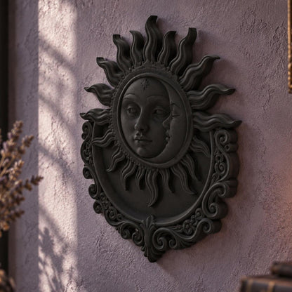 Gothic Sun Moon Face Wall Plaque displayed in a realistic gothic witchy room, detailed view with natural shine and shadows.