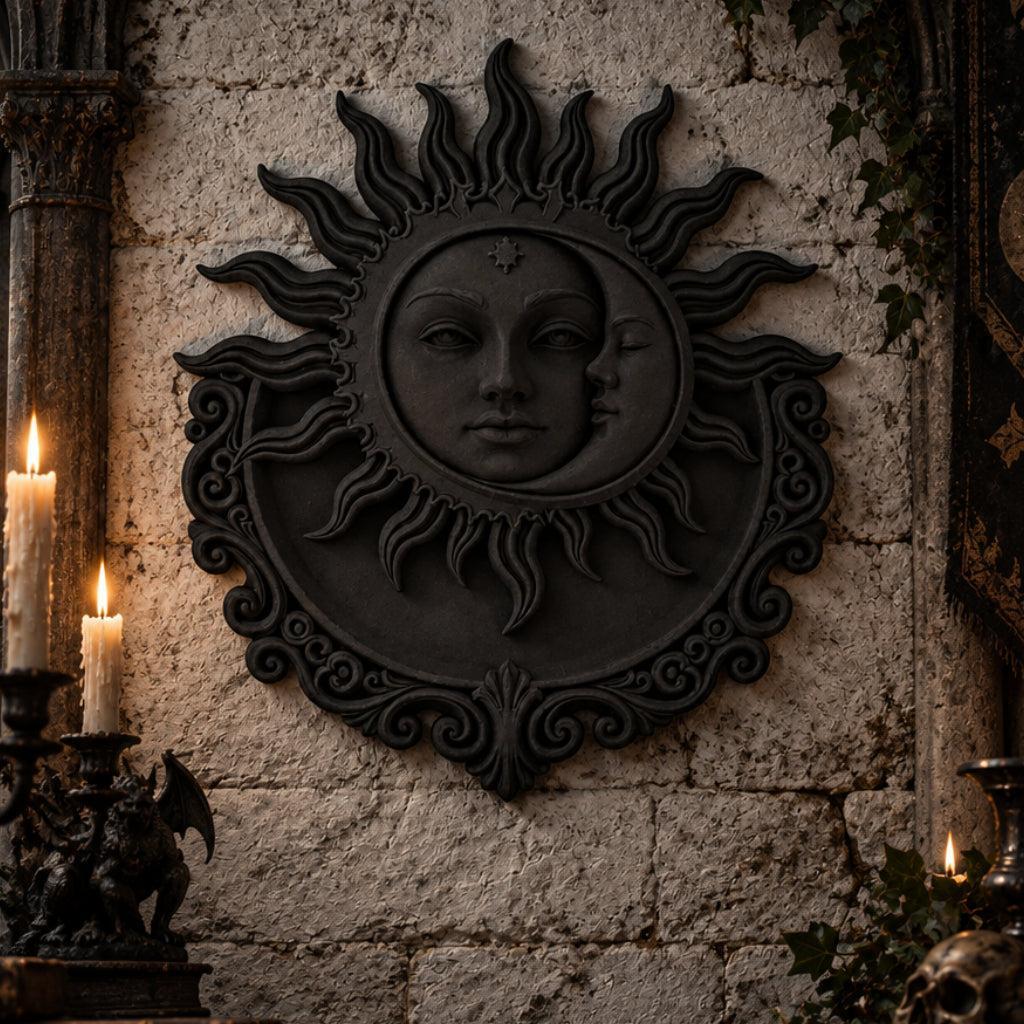 Gothic Sun Moon Face Wall Plaque displayed in a realistic gothic witchy room, front view with natural shine and shadows.