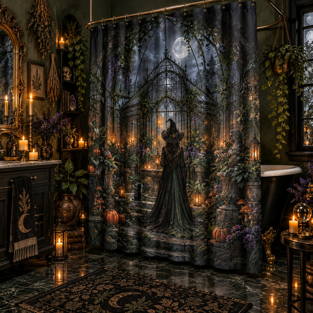 Gothic Witch Shower Curtain - Haunted Botanical Greenhouse, styled shot 2