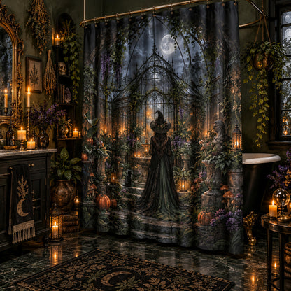 Gothic Witch Shower Curtain - Haunted Botanical Greenhouse, styled shot 2