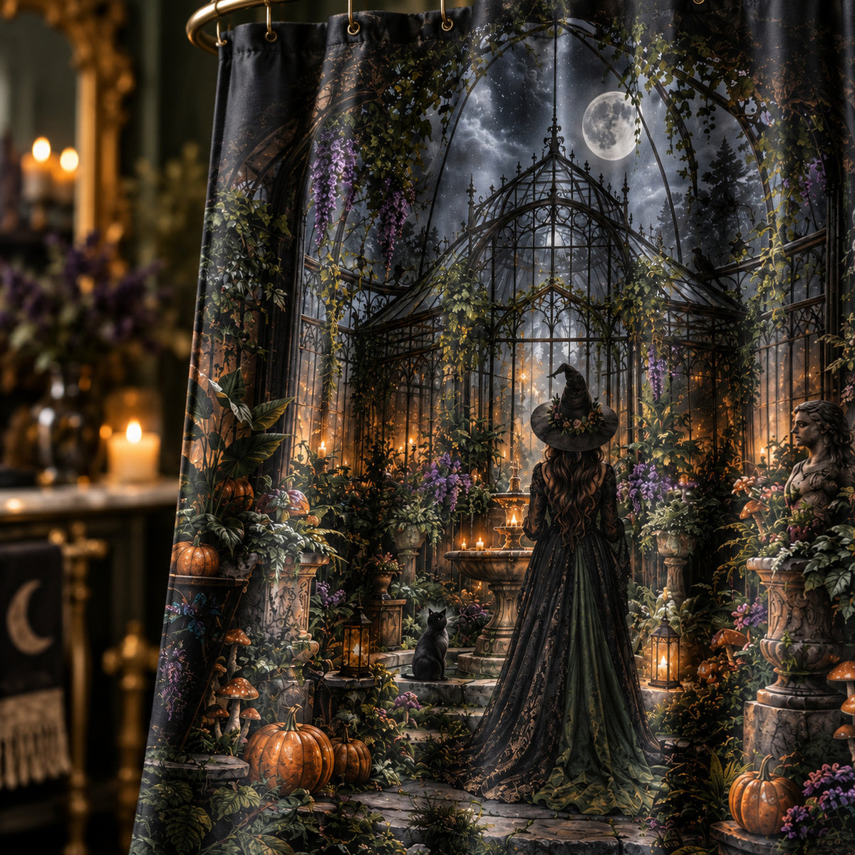 Gothic Witch Shower Curtain - Haunted Botanical Greenhouse, styled shot 4